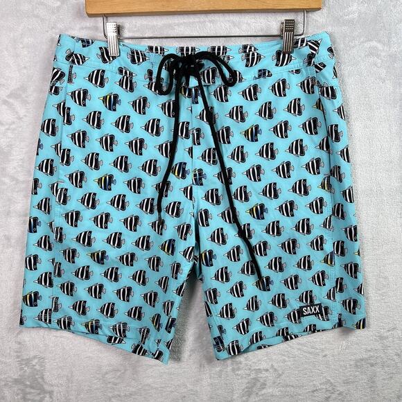 SAXX Betawave 2N1 Board Shorts Men 32" Blue Fish Pattern Drawstring Swim NWOT - Picture 1 of 16